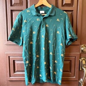 Burberry Men’s Green Polo with All Over EKD Knight Gold Motif